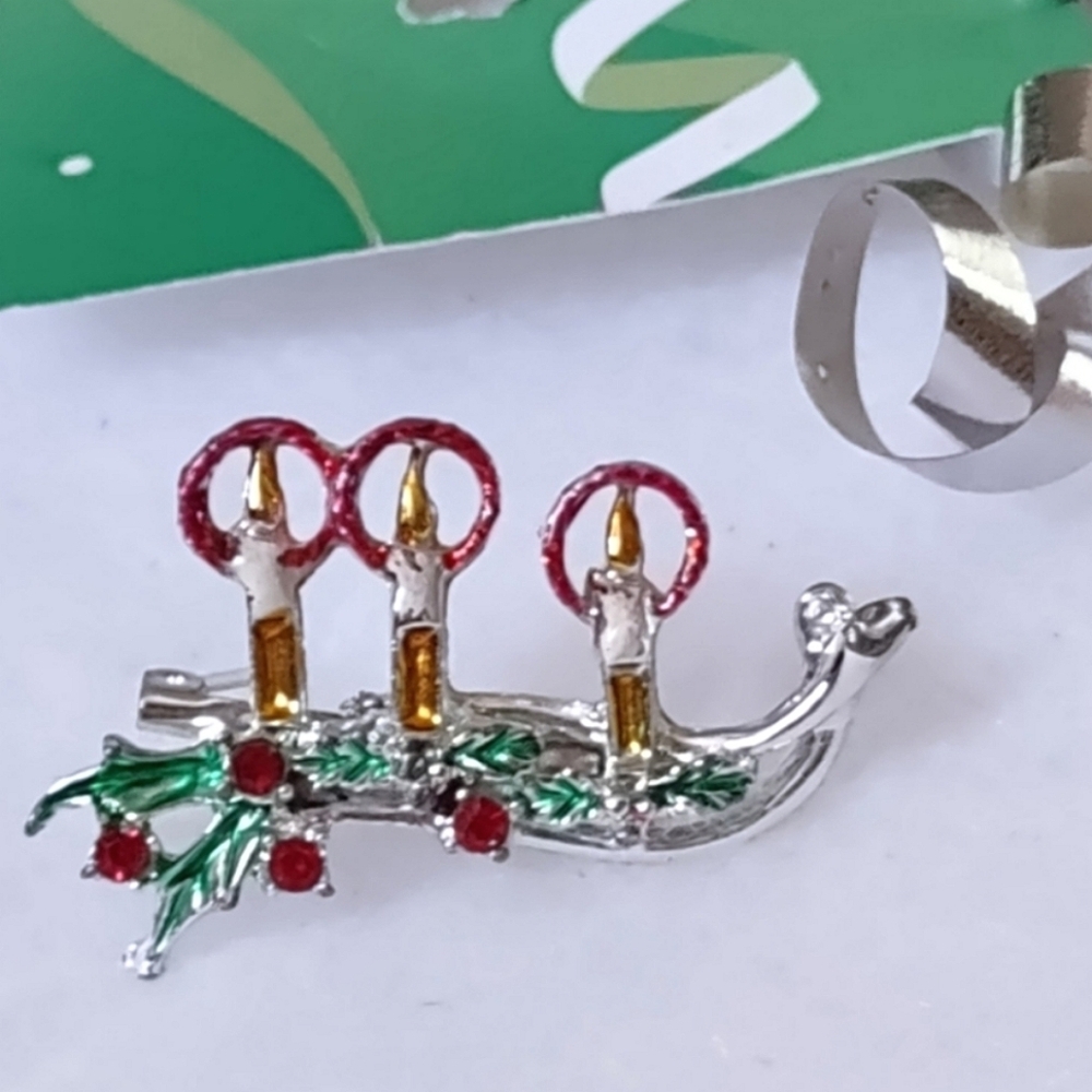 Vintage Christmas Candle Brooch - Rare Find